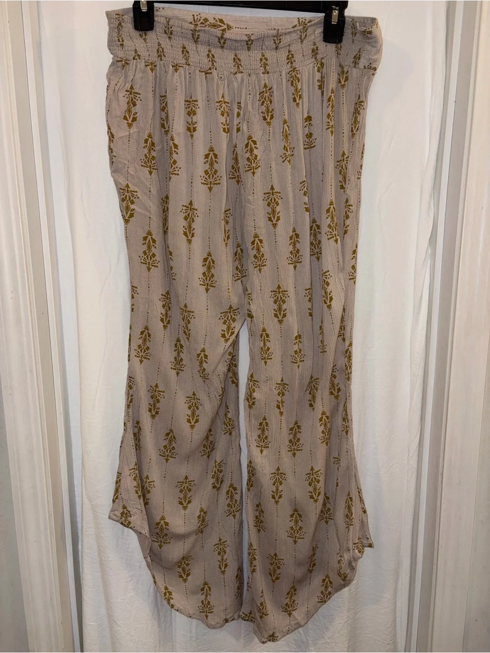 Free People Taupe Wide Leg Printed Pants with Mustard Motif